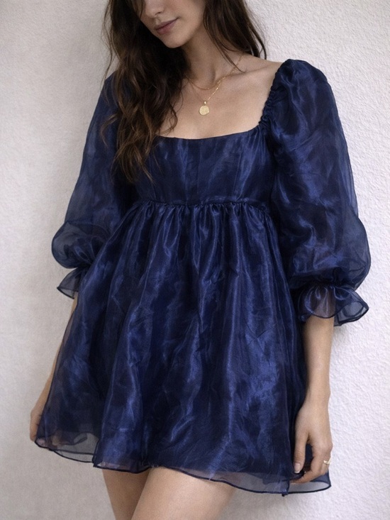 Windsor Dresses & Skirts - Windsor Navy Organza Puff Sleeve‎ Babydoll Mini Dress XS Fairy Coquette Milkmaid